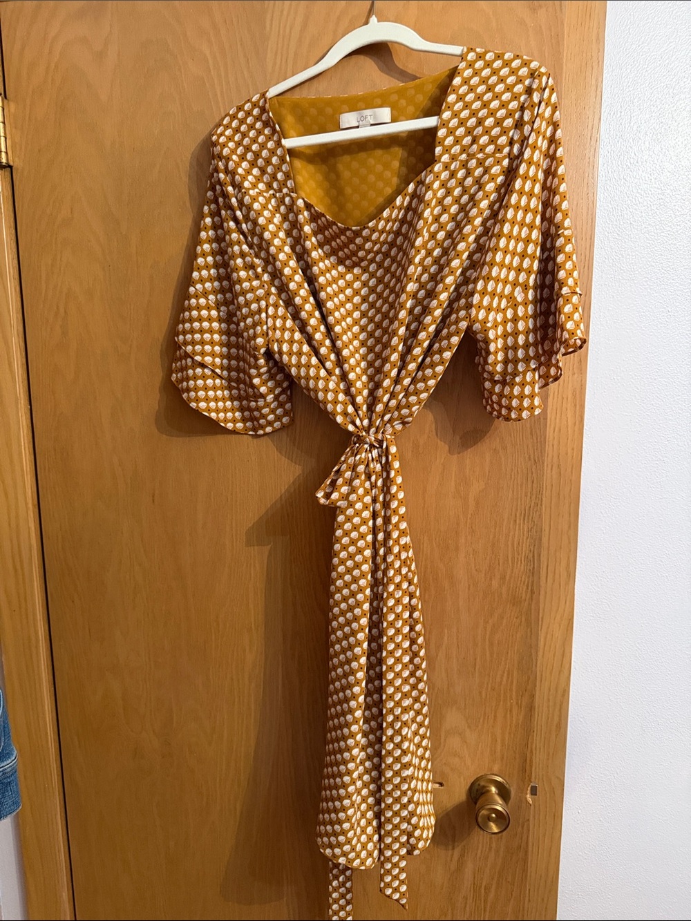 LOFT Mustard Polka Dot Midi Dress with Front Tie
